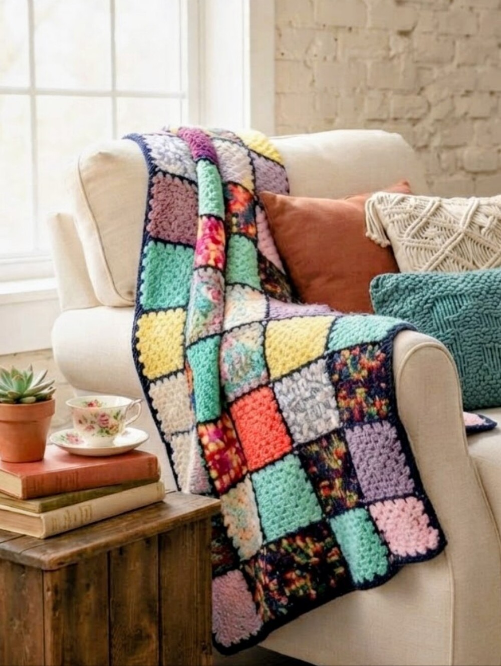 Vintage Handmade Granny Square Crochet Blanket Cozy Boho Afghan Throw Multi